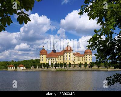 Blick auf das Schloss Moritzburg bei Dresden, Sachsen, Deutschland, Stockfoto