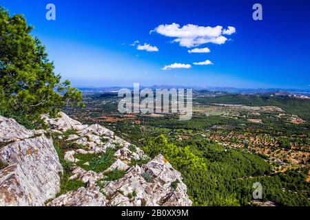 Blick vom Kloster Santuari de Sant Salvador, Spanien, Balearen, Mallorca, Felanitx Stockfoto