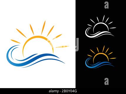 Wasserwellen- und Sonnenlogo, Sea Wave, Ocean Beach Logo Template Vector Stock Vektor