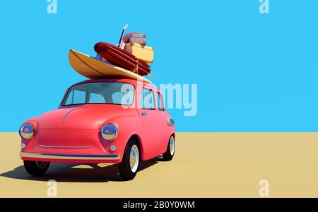 Kleiner Retro-Wagen mit Gepäck, Gepäck und Strandausrüstung auf dem Dach, voll verpackt, bereit für Sommerferien, Cartoon-Konzept einer Straßenfahrt, blau B. Stockfoto