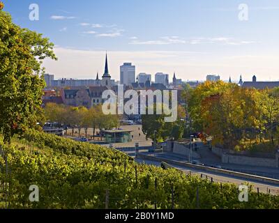 Panoramaaussicht vom Weinberg auf dem Petersberg in die Innenstadt von Erfurt, Thüringen, Deutschland, Stockfoto