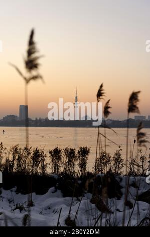 Gefrorene Außenalster in der Abenddämmerung, Alster Pleasure, Hamburg, Deutschland, Stockfoto