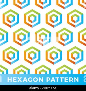 Vektor Sechskant Pfeil Seamless Geometric Muster. Geformte Sechsecke, orangefarbene, grüne und blaue Linien, Pfeile auf weißem Hintergrund. Fußball 2020 offizielles col Stock Vektor