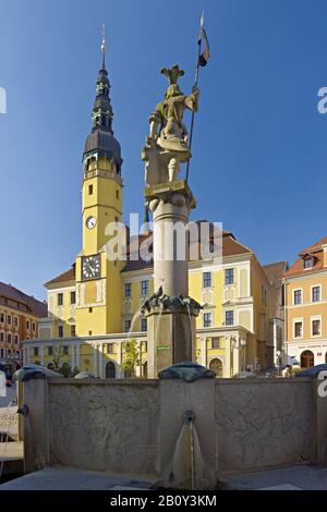 Rathaus am Hauptmarkt mit Brunnen, Bautzen, Oberlausitz, Sachsen, Deutschland, Stockfoto