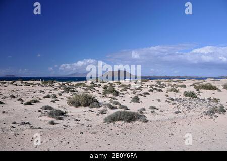 Playa de Corralejo, Blick auf die Insel Lanzarote, Fuerteventura, Kanarische Inseln, Spanien und Europa Stockfoto