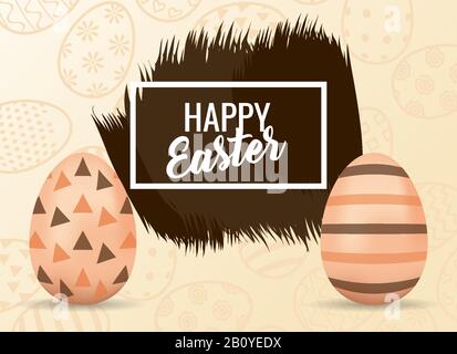 Fröhliche osterkarte mit Schriftzug und bemalten Eiern Stock Vektor