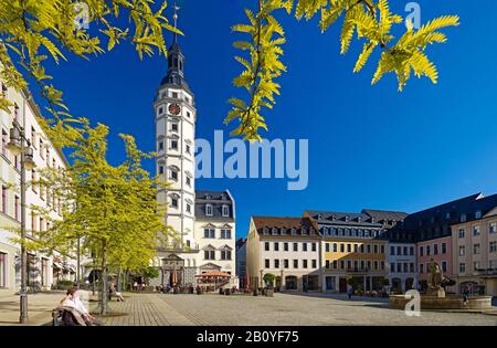 Marktplatz mit Rathaus und Simsonbrunnen in Gera-Thüringen, Deutschland, Stockfoto