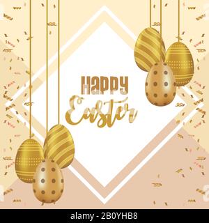 Fröhliche osterkarte mit Schriftzug und goldenen, hängenden Eiern Stock Vektor