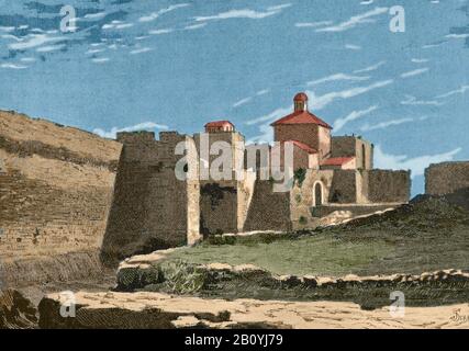 Spanien, Balearen, Mallorca. Palma von Mallorca. Mittelalterlichen Stadtmauern. Gravur von Serra. Museo Militar, 1883. Später verfärben. Stockfoto