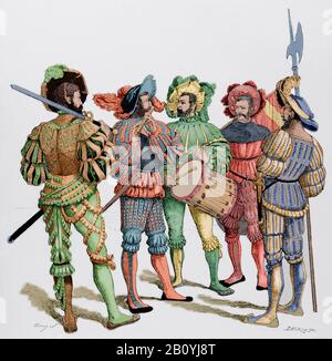 Söldnersoldaten. Landsknechte. Gravur nach Radierung durch Daniel Hopfer, 1530. Museo Militar, 1883. Später verfärben. Stockfoto