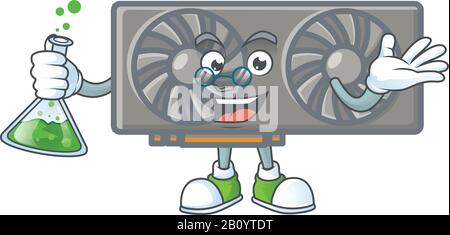 Ein genialer Professor Gaming-VGA-Karten-Cartoon-Charakter mit Glasröhre Stock Vektor
