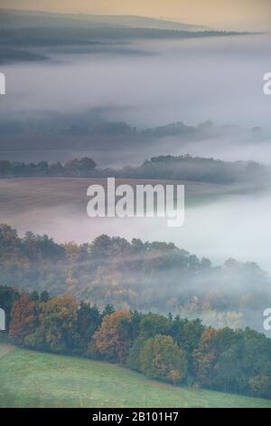 Morgennebel über dem Saaletal, Leuchtenburg, Seitenroda, Kahla, Thüringen, Deutschland Stockfoto