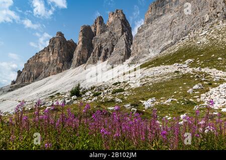 Drei Gipfel, Drei Gipfel Naturpark, Sextener Dolmen, Südtirol, Italien Stockfoto