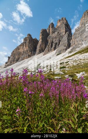 Drei Gipfel, Drei Gipfel Naturpark, Sextener Dolmen, Südtirol, Italien Stockfoto