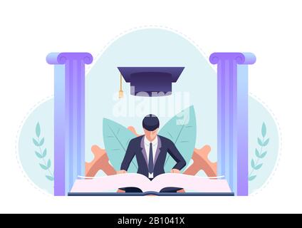 Geschäftsmann, der ein Buch mit Abschlusskappe studiert und liest. Bildung und Geschäftskonzept Stock Vektor