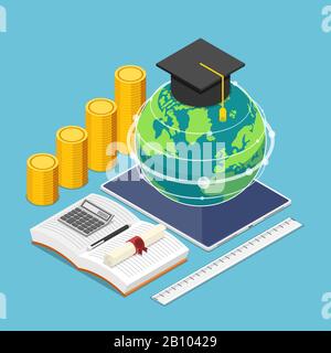 Flache, isometrische 3D-Welt- und Graduierungskappe auf dem digitalen Tablett mit stationärem Gerät. Globales Online-Schulungs- und E-Learning-Konzept. Stock Vektor