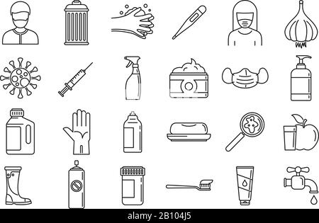 Symbole für Präventionserkrankungen festgelegt. Skizzieren Sie die Vektorsymbole zur Prävention von Erkrankungen für Webdesign, die auf weißem Hintergrund isoliert sind Stock Vektor