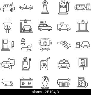 Symbole für das elektrische Betanken von Autos festgelegt. Übersicht über die Vektorsymbole für die elektrische Betankung von Autos für Web-Design, isoliert auf weißem Hintergrund Stock Vektor