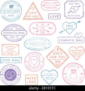 Postkarte mit Leserbrief, Postkarten für Valentinstag. Briefmarken mit Herz oder Postsiegel für Hochzeitspostkarten. Vektorsatz für Briefmarkenreisen Stock Vektor