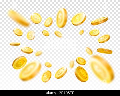 Glänzend realistische Goldmünzenexplosion. Casino Golden Coin, Falling Money Vector Illustration Konzept Stock Vektor