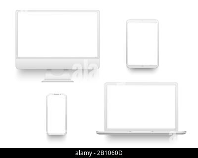 Weißer Bildschirm auf dem Desktop-Computer Smartphone Tablet tragbares Notebook oder Notebook. Vektorsatz für Mockup-Elektronikgeräte Stock Vektor
