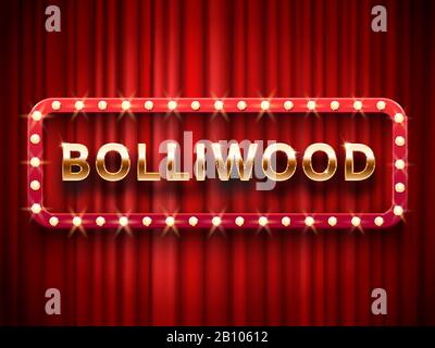 Bollywood-Kino. Vintage indian Movie, Cinematographie und Theaterplakat. Retro-3D-Filmplakate Logo auf roten Vorhängen Vektorvorlage Stock Vektor