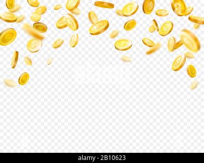 Gewinne Gold Geld Regen. Golden Coins of Million Dollar Lottery Games Preis. Barexplosion und fliegende Münzvektorillustration Stock Vektor