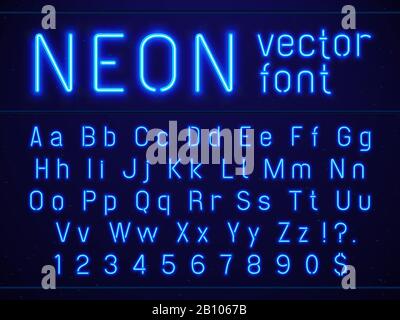 Leuchtend leuchtend blaue Neon-Buchstaben und -Zahlen. Unterhaltungsmöglichkeiten im Nachtleben, moderne Bars, Casino-beleuchtete Vektorschilder Stock Vektor