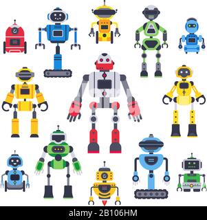Flache Bots und Roboter. Roboterbot-Maskottchen, humanoider Roboter und niedlicher Chatbot-Assistent Vektor-Flat-Characters Set Stock Vektor