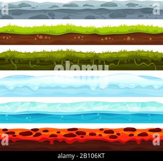 Nahtlose Landschichten. Bodenbelagsspielanlage, Eis mit Schneekappen und Lavaforst. Vektorressourcen für Cartoon-Oberflächen Stock Vektor