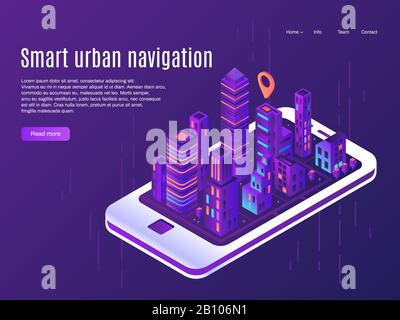 Intelligente Stadtnavigation. Stadtplanansicht auf Smartphone-Bildschirm, Gebäudestädte Straßenplan und Stadtplan Vektor-Landing-Page-Konzept Stock Vektor