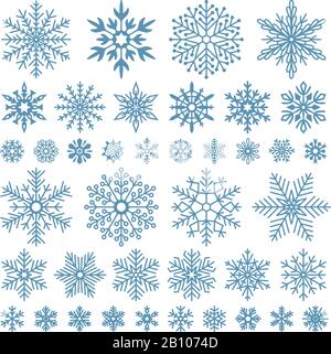 Flache Schneeflocken. Winter-Schneeflockenkristalle, weihnachtsschneeformen und mattierte, kühle Icon-Symbol-Symbolsatz Stock Vektor