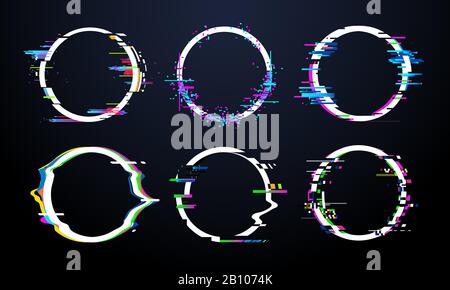 Glitch-Kreis-Rahmen. TV-verzerrtes Signalchaos, verzerrte Ring-Light-Effect-Verzerrungen und Fehler Glitches Bug-Circles Vector Set Stock Vektor