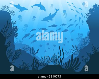 Unterwasserwelt des Ozeans. Tiefseepflanzen, Fische und Tiere. Hintergrundillustration für maritime Seetang, Fische und Tiersilhouette Stock Vektor