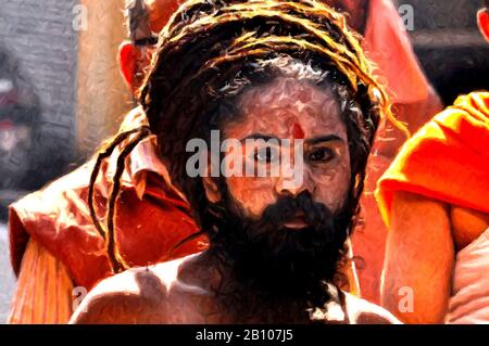 Digitale Gemälde: Naga Sadhu-13 Digitales Gemälde einer Naga Sadhu mit langen Haaren, die Rudraksha-Perle in Varanasi, Uttar Pradesh, Indien tragen. Stockfoto