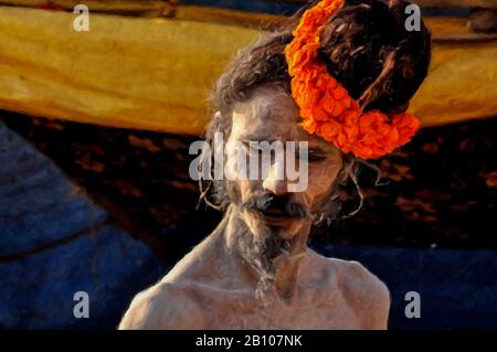 Digitale Gemälde: Naga Sadhu-17 Digitales Gemälde einer Naga Sadhu mit einer Ansprache marigalter Blumen im Varanasi Ghat, Varanasi, Indien. Stockfoto