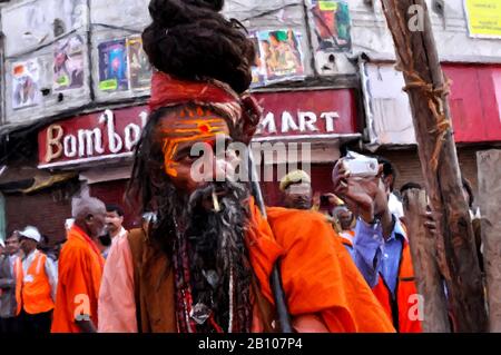 Digitale Gemälde: Naga Sadhu 18 Digitales Gemälde eines Naga Sadhu mit der rot-chromen Farbmarkierung auf der Stirn, die Rudraksha in Varanasi trägt. Stockfoto