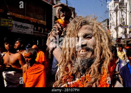 Digitale Gemälde: Naga Sadhu-19 Digitales Gemälde einer Naga Sadhu mit langen Haaren mit Rudraksha-Perle und marigalten Girlanden in Varanasi, Indien. Stockfoto