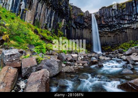 Wasserfall Svartifoss im Herbst mit Wasserlauf in Langzeitbelichtung, Skaftafell-Nationalpark, Island Stockfoto