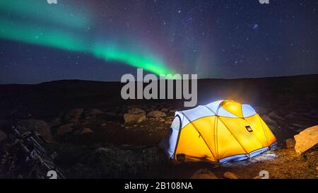 Nordlichter über Zelt in der Brachfläche der Lavawüste, Austurland, Highlands, Island Stockfoto