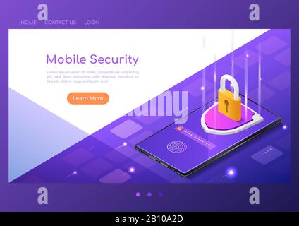 3D isometrischer Webbanner mit Sperrschutz und Fingerprint-Scan-Sicherheitssystem auf dem Smartphone-Bildschirm. Smartphone Sicherheitssystem und Daten pr Stock Vektor