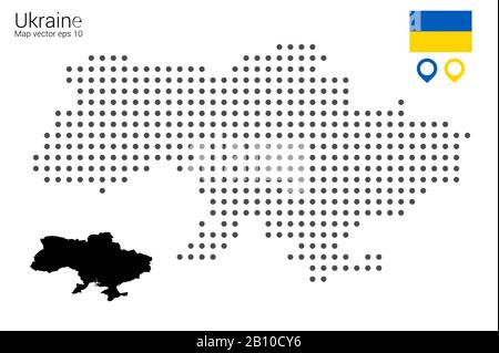 Karte der Ukraine, Vektorzeichnung, gepunktet mit Fahne und Kartenmarkierung. Abbildung für Design, Web, Infografrica, Druck, isoliert auf einem abnehmbaren weißen Rücken Stock Vektor