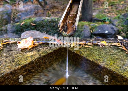 Nahaufnahme auf einen Bambusbrunnen. Ein dünner Wasserstrom fällt in eine quadratische Steinschüssel. Stockfoto