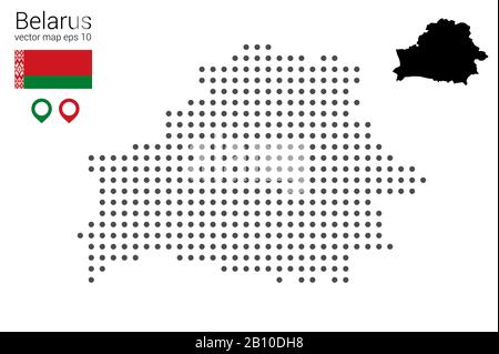 Karte von Weißrussland, Vektorzeichnung, gepunktet mit Fahne und Kartenmarkierung. Abbildung für Design, Web, Infografrica, Druck, isoliert auf einem abnehmbaren weißen Rücken Stock Vektor