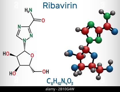 Ribavirin, Tribavirin, C8H12N4O5-Molekül. Es handelt sich um antivirale Medikamente zur Behandlung von RSV-Infektionen, Hepatitis C, einigen viralen hämorrhagischen Fieber, Coronavir Stock Vektor