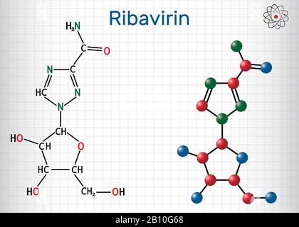 Ribavirin, Tribavirin, C8H12N4O5-Molekül. Es handelt sich um antivirale Medikamente zur Behandlung von RSV-Infektionen, Hepatitis C, einigen viralen hämorrhagischen Fieber, Coronavir Stock Vektor