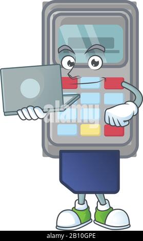 Ein Smart POS-Maschinen-Maskottchen-Symbol, das mit einem Laptop funktioniert Stock Vektor