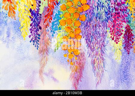 Abstrakte Aquarell ursprüngliche Landschaft Blumen Malerei Phantasie bunte der Schönheit der Blumen und Emotion in blauen Hintergrund. Stockfoto