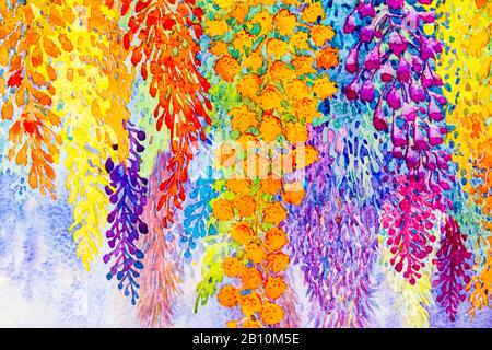 Abstrakte Aquarell ursprüngliche Landschaft Blumen Malerei Phantasie bunte der Schönheit der Blumen und Emotion in blauen Hintergrund. Stockfoto
