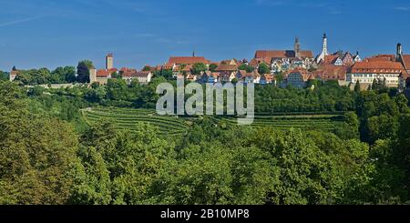 Blick auf die Stadt mit Weinberg von Rothenburg ob der Tauber, Bayern, Deutschland Stockfoto